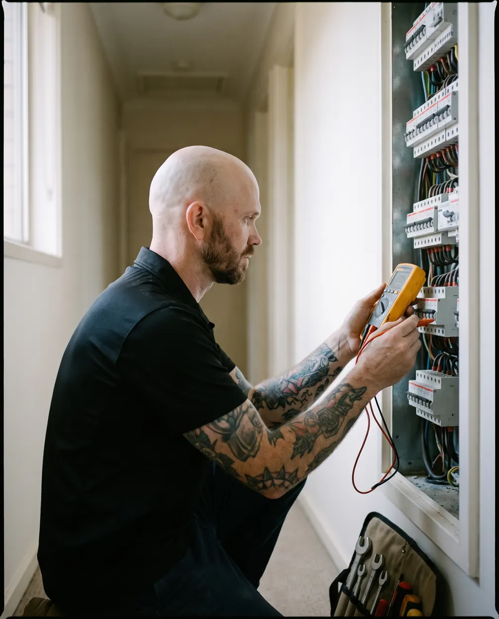 Matthew Bonney testing a circuit breaker with a multimeter at an open switchboard