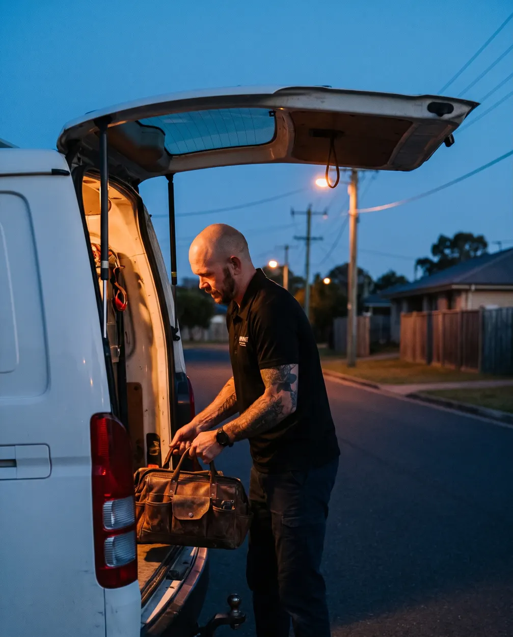 Matthew Bonney lifting a tool bag from the work van at dusk on a Brisbane street