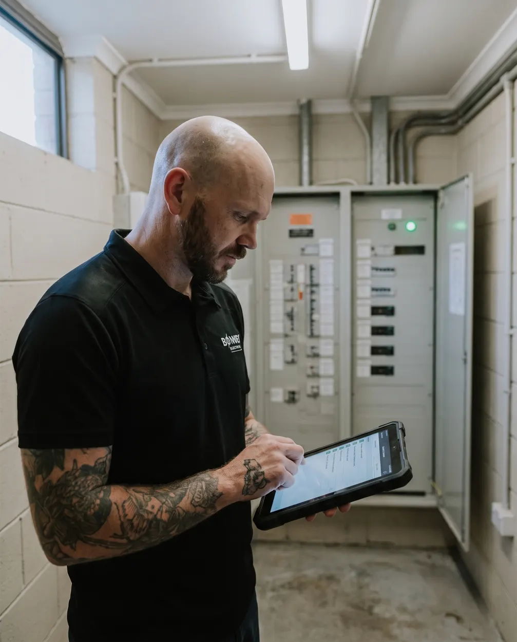 Matthew Bonney recording a switchboard inspection on a tablet at a commercial site