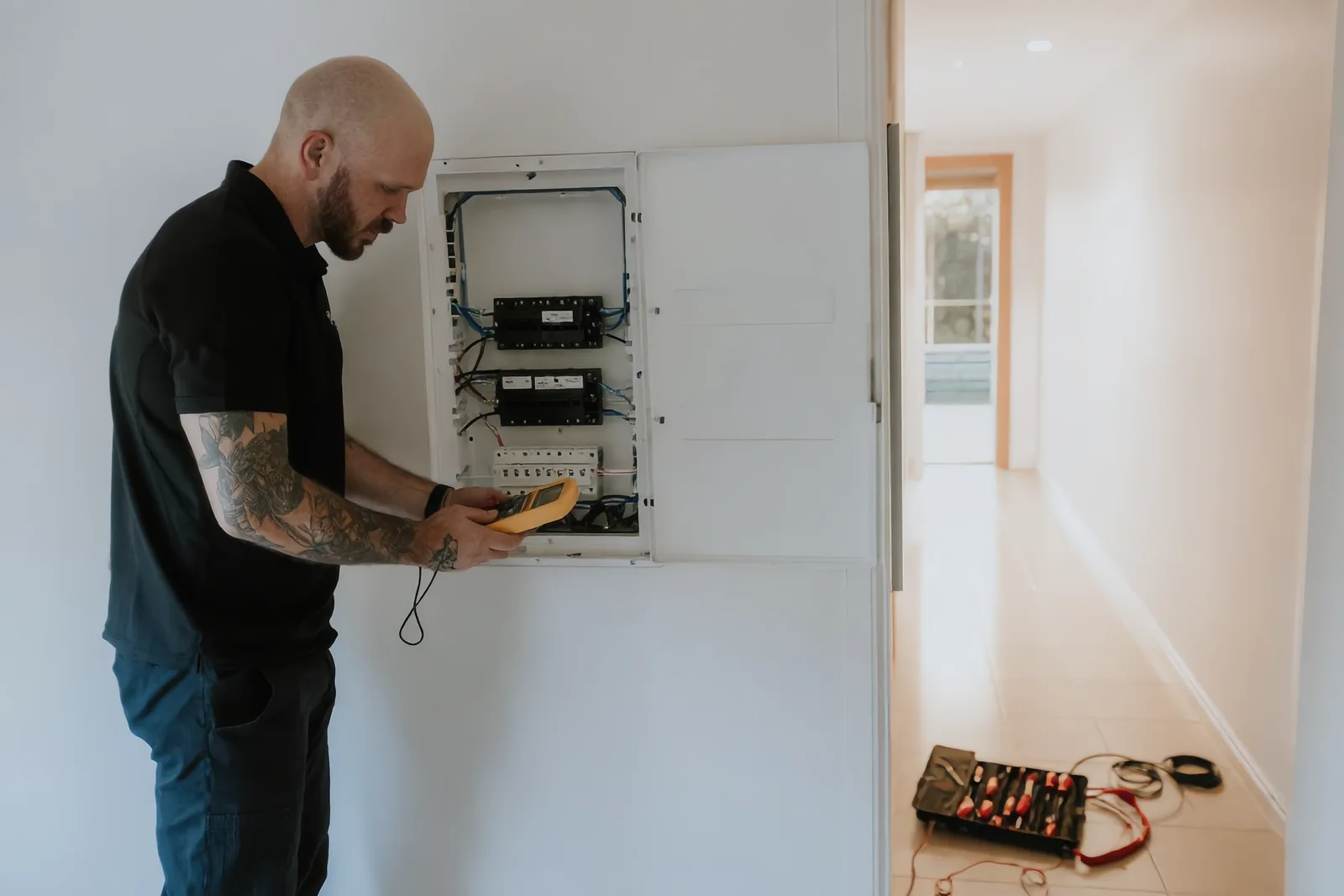 Matthew Bonney testing a circuit at an open switchboard in a Brisbane home